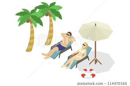 等距插圖:男人和女人在海灘上放鬆 等距插圖:男人和女人在海灘上放鬆 114970168