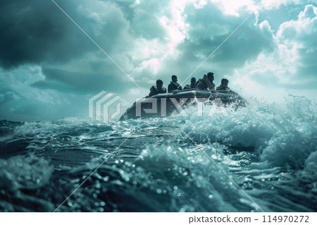 refugees in flimsy boat refugees in flimsy boat 114970272