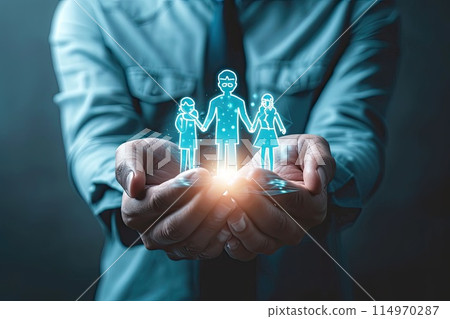 Life insurance concept, healthcare, and medical, businessman with protective gesture family life insurance, 114970287