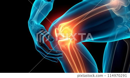 Mid section of man suffering with knee pain. 114970291