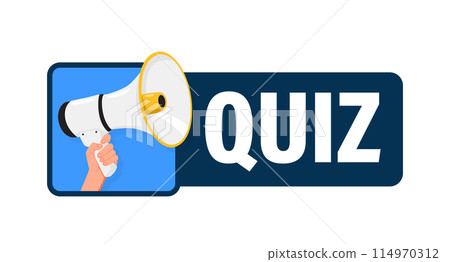 Quiz. Hand hold megaphone speaker for announce. Attention please. Shouting people, advertisement speech symbol 114970312