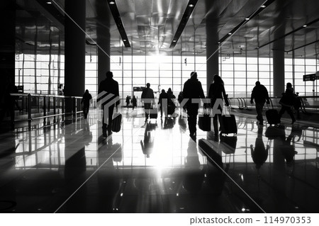 people moving around in airport 114970353