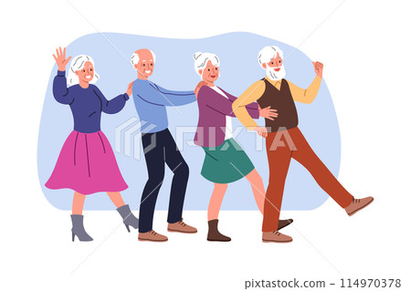 Elderly people dance together at party, rejoicing at long-awaited reunion or retirement 114970378