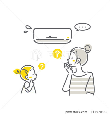 A mother and daughter worried about the condition of the air conditioner. A simple and stylish line drawing illustration A mother and daughter worried about the condition of the air conditioner. A simple and stylish line drawing illustration 114970382