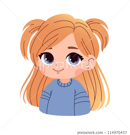 Cute cartoon little girl with blonde hair on a white background isolated. Trendy anime style. Print for tshirt for kids Cute cartoon little girl with blonde hair on a white background isolated. Trendy anime style. Print for tshirt for kids 114970437
