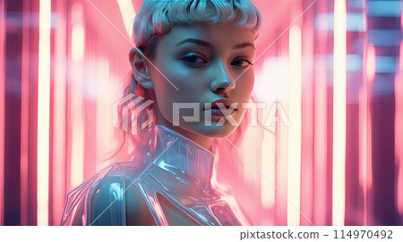 profile of a gentle young woman on background made of reflective plastic material 114970492