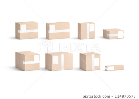 Blank white shipping label on craft box mockup, different shapes 114970573