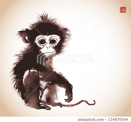 Ink wash painting of baby monkey in vintage style. Traditional oriental ink painting sumi-e, u-sin, go-hua. Hieroglyph - good luck 114970594
