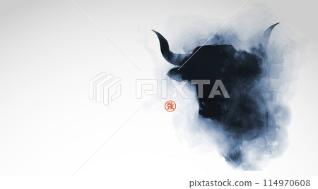 Ink wash painting with the head of a bull in mist, depicted with bold and fluid blue ink strokes, creating a sense of movement and strength. Japanese ink wash painting sumi-e. Hieroglyph - wisdom. 114970608