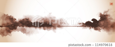 Tranquil landscape in vintage style with misty forest trees reflecting in calm waters. Traditional oriental ink painting sumi-e, u-sin, go-hua. Translation of hieroglyph - zen 114970618