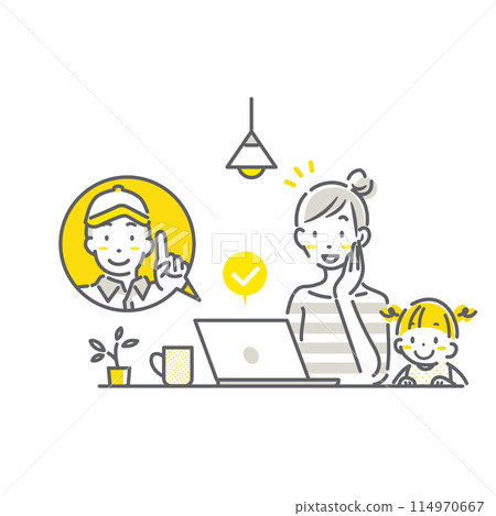A young mother and daughter requesting home appliance repairs online. A simple and stylish line drawing illustration 114970667