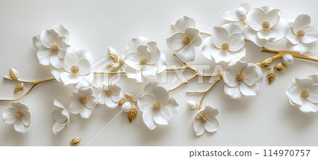 White flowers with golden leaves on white background. White and golden luxury 3d floral background 114970757