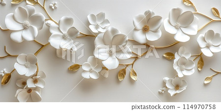 White flowers with golden leaves on white background. White and golden luxury 3d floral background 114970758