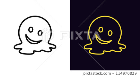 Outline melting emoji icon, with editable stroke. Melting emoticon sign with smile. Sarcasm face, flow down emoji, shame and exhaustion emoticon, melt down smiling face, weird mood. Vector icon 114970829