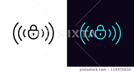 Outline remote lock icon, with editable stroke. Wireless lock sign with radio waves. Remote protection, distance lock and unlock, remote block and unblock system, wireless security control. Vector Outline remote lock icon, with editable stroke. Wireless lock sign with radio waves. Remote protection, distance lock and unlock, remote block and unblock system, wireless security control. Vector 114970830