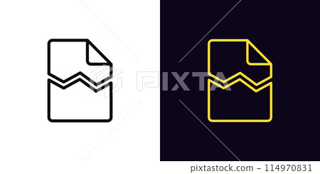Outline damaged file icon, with editable stroke. Broken document sign with crack. Damaged system file, hack and destroy data, breach contract and agreement, document error, cyber threat. Vector icon Outline damaged file icon, with editable stroke. Broken document sign with crack. Damaged system file, hack and destroy data, breach contract and agreement, document error, cyber threat. Vector icon 114970831