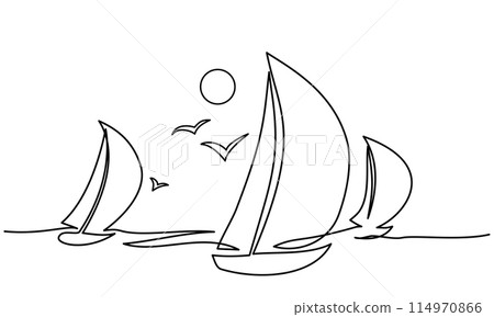 Yachts on sea waves. Seagull in the sky. Continuous line drawing. Vector illustration. Isolated on white background 114970866