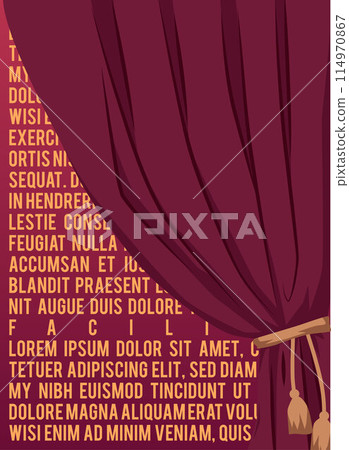 Burgundy curtains draperies with tassel vector invitation typographic poster, theatre stage textile drapery decoration 114970867