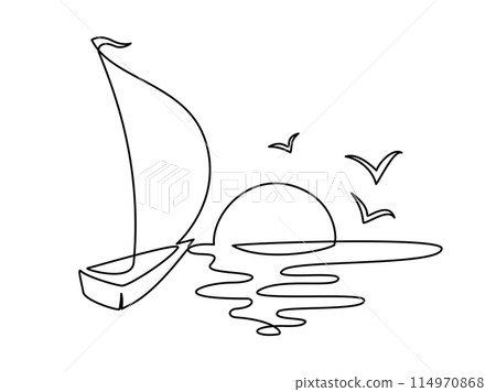 Sailboat in sea with Sun. Continuous one line drawing 114970868