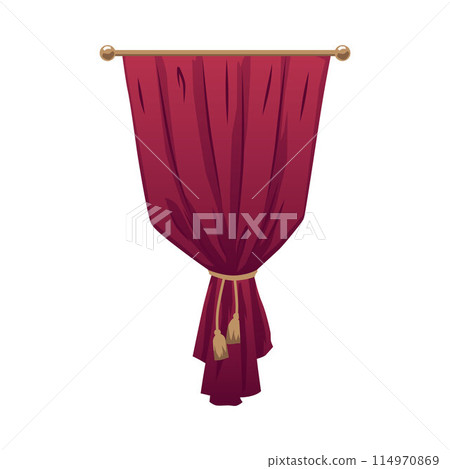 Red draperies curtain on the cornice tied golden tassel, domestic or theatre interior textile decoration flat vector 114970869