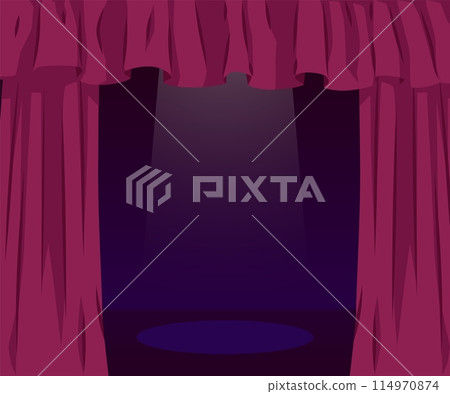 Burgundy curtains and draperies on the cornice, vector theatre labrecque decoration on the scene with spotlight, stage 114970874