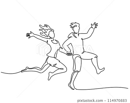 Happy running and jumping couple girl and man. Continuous one line Happy running and jumping couple girl and man. Continuous one line 114970883