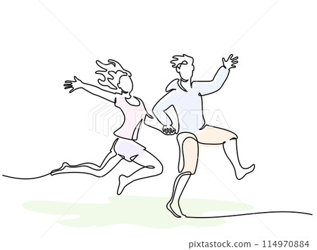 Happy running and jumping couple girl and man. Continuous one line 114970884