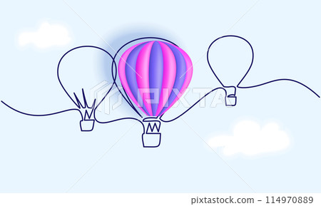 Hot air balloons flying in sky sign. Continuous one line drawing 114970889