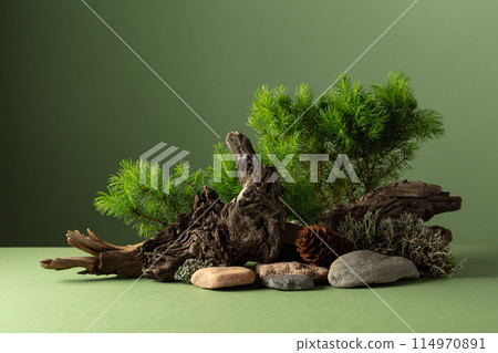 Abstract nature scene with a composition of spruce branches, stones, and dry snags. 114970891
