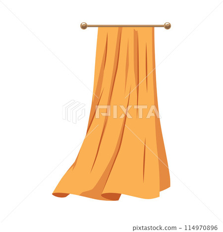 Yellow silk curtain waving on the cornice, vector curtains interior decor, domestic or theatre textile decoration 114970896