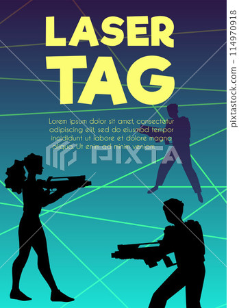 Laser tag players with laser gun playing in game club vector invitation advertising poster, military strategy game Laser tag players with laser gun playing in game club vector invitation advertising poster, military strategy game 114970918