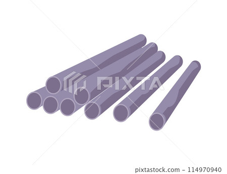 Heap of stainless steel pipes, metal long cylindrical tubes, vector flat construction material for building, engineering Heap of stainless steel pipes, metal long cylindrical tubes, vector flat construction material for building, engineering 114970940