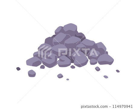 Rock stone heap vector flat illustration, construction and building material, grey boulders pile isolated, cobblestones 114970941