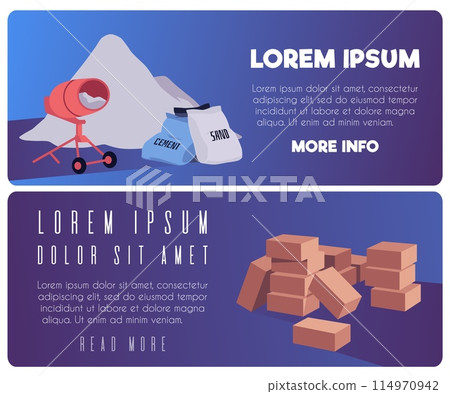 Cement heap, concrete mixer and brown bricks pile vector landing page set, construction material and building service Cement heap, concrete mixer and brown bricks pile vector landing page set, construction material and building service 114970942