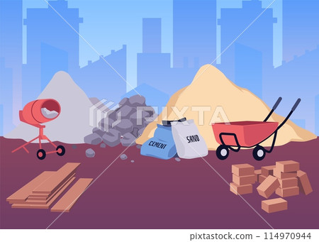Construction and building material on cityscape vector flat illustration, cement sand heap, concrete mixer, bricks pile 114970944