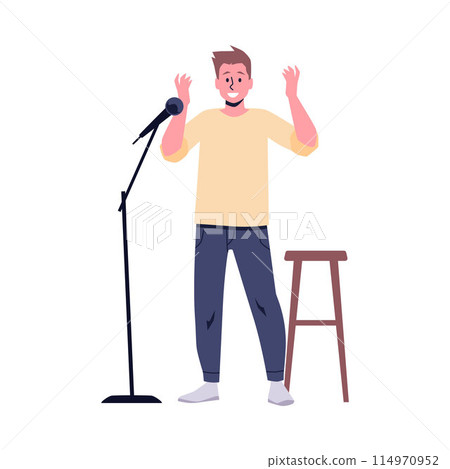Comedian with microphone perform stand-up comedy show, flat vector comic artist man tell jokes fun stories, live speaker 114970952