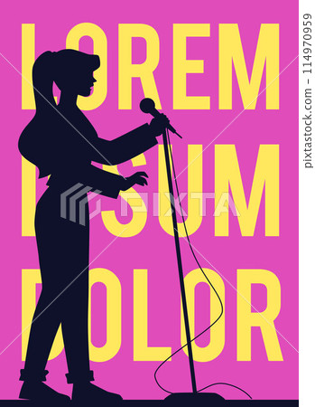Vector poster with a black silhouette of a stand-up comedian performing in a comedy show 114970959