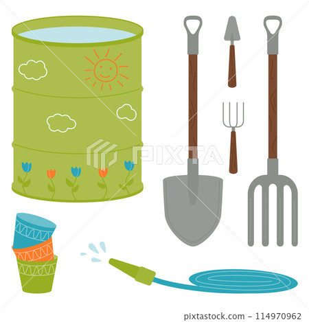 Gardening and planting kit - shovel, pitchfork, garden barrel, hose, empty pot. Vector illustration on a white background. 114970962