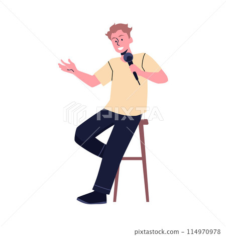 A vector illustration comedian with a microphone in his hands delivers a humorous monologue A vector illustration comedian with a microphone in his hands delivers a humorous monologue 114970978