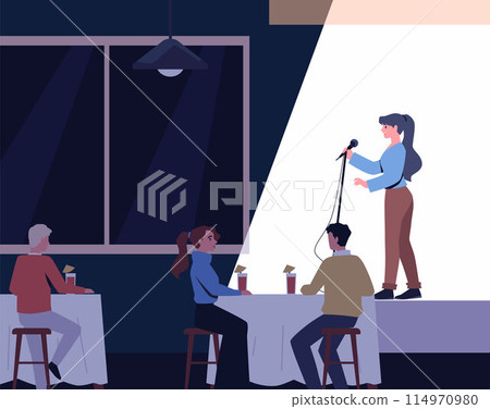 Comedian artist woman with microphone perform stand-up comedy show standing on stage, vector audience listening jokes Comedian artist woman with microphone perform stand-up comedy show standing on stage, vector audience listening jokes 114970980