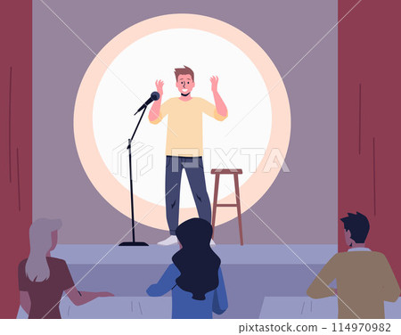 Stand-up comedy show with a comedian character and a live audience. Flat style. 114970982