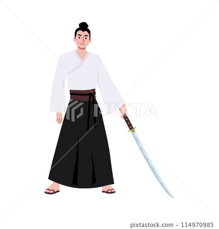 Samurai warrior with a sword flat vector, Japanese Samurai fighter with katana isolated, shogun in Bushido clothes 114970985