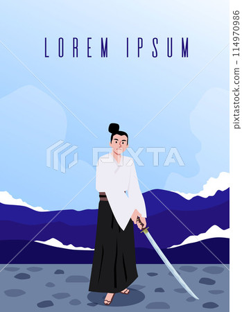 Vector poster illustration showing a samurai with a sword. Vector poster illustration showing a samurai with a sword. 114970986