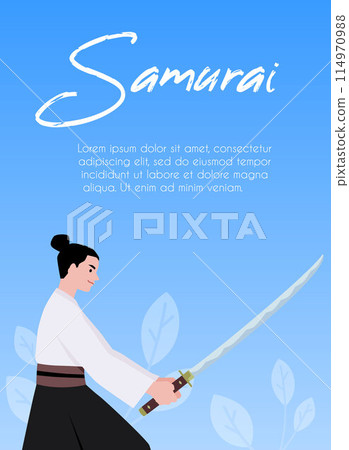 Samurai warrior with sword vector poster, Japanese Samurai fighter with katana Bushido costume on blue floral background 114970988