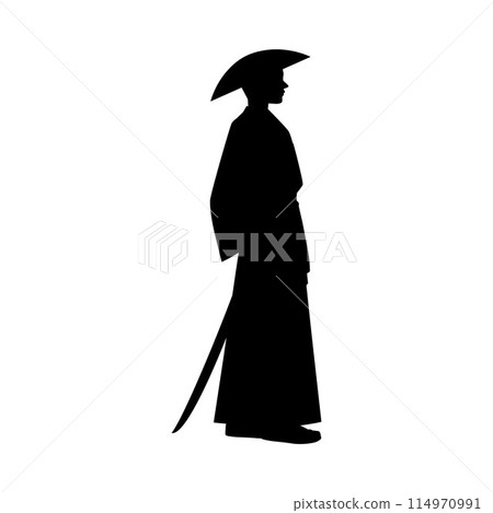 Vector icon with a black silhouette with a samurai warrior side view in a kimono Vector icon with a black silhouette with a samurai warrior side view in a kimono 114970991