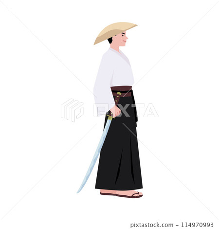Vector illustration depicting a samurai side view in a traditional kimono with a bamboo headdress 114970993