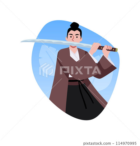 Vector illustration of a Samurai with a sword on a blue isolated background. 114970995