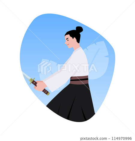 A vector illustration depicting a samurai side view in a fighting pose with a katana A vector illustration depicting a samurai side view in a fighting pose with a katana 114970996