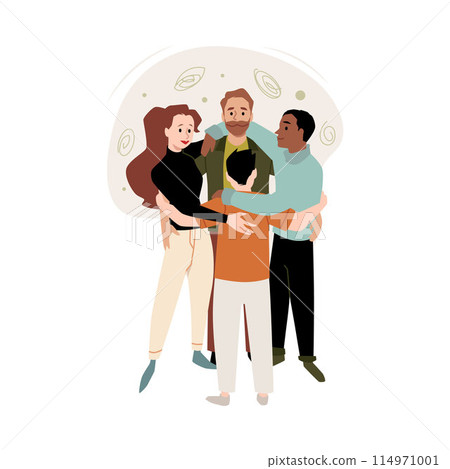 Vector image friendly group hugs demonstrating teamwork and unity on a white background 114971001