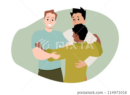 Three young men hug, vector cartoon happy people group hugging together, friends embrace, multiracial support community 114971016